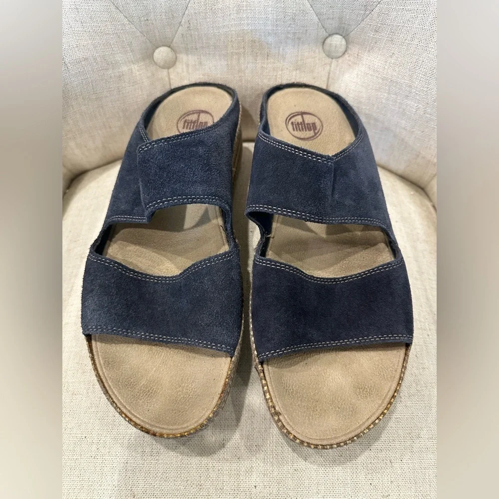 Fitflop Lolla Double Strap Navy Blue Suede Wedge Sandals Shoes Size 11 138-097